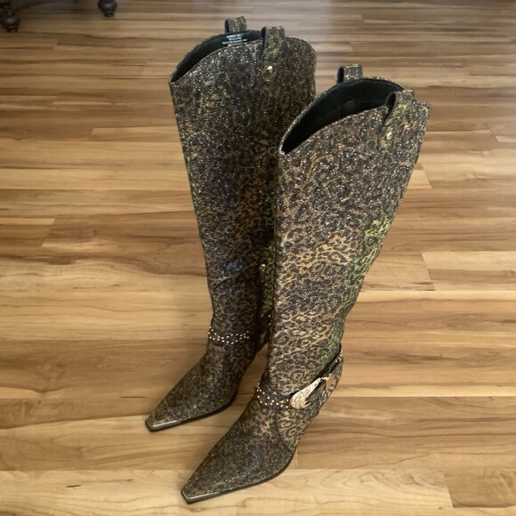 Jessica Simpson Animal Print Fabric Kenzin Tall Boots Size 10M Embellished - Picture 2 of 15